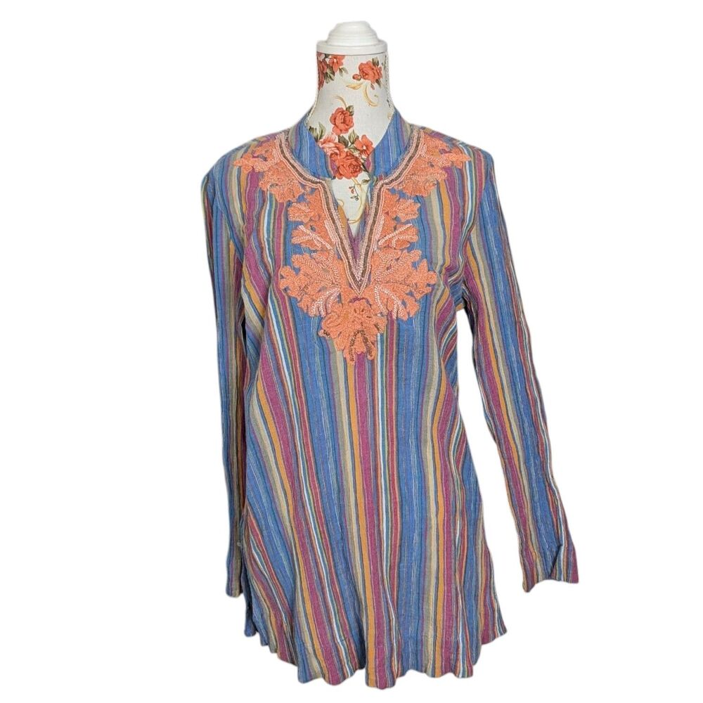Soft Surroundings Sz L Cabana Cotton Tunic Long Sleeve Slimming Embroidered Top